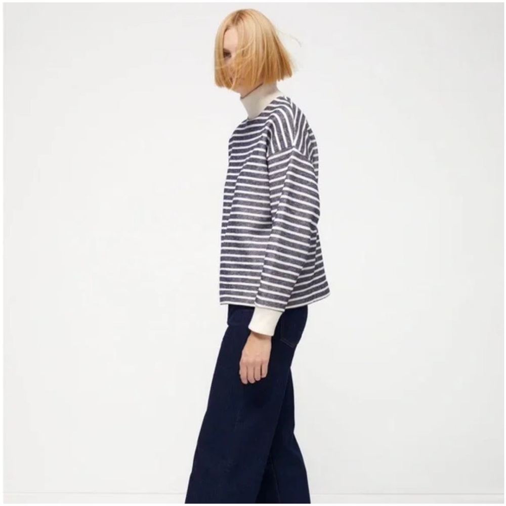 Zara Blue and White Striped Mock Neck Sweatshirt